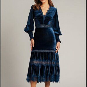 💙 Tadashi Shoji Avalon Blue Velvet Lace Lantern Sleeve Pleated Romantic Dress 8